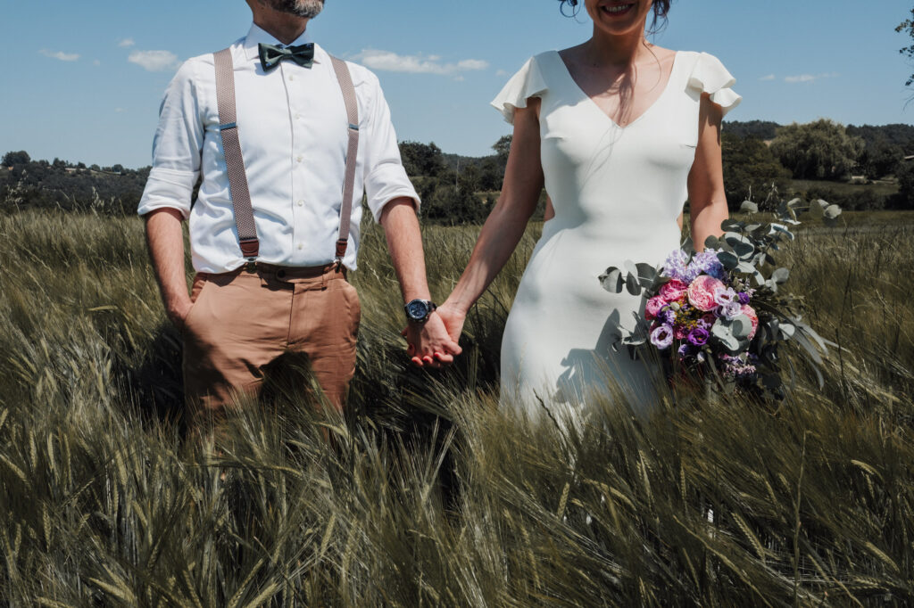 Portrait of the bride and groom during her El Dalmau wedding
