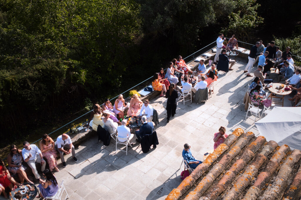 Afternoon reception at La Baronia Barcelona wedding venue with guests gathered