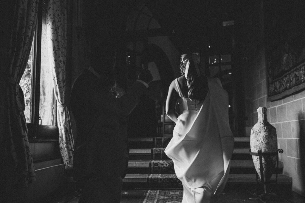 Bride inside La Baronia with natural window light