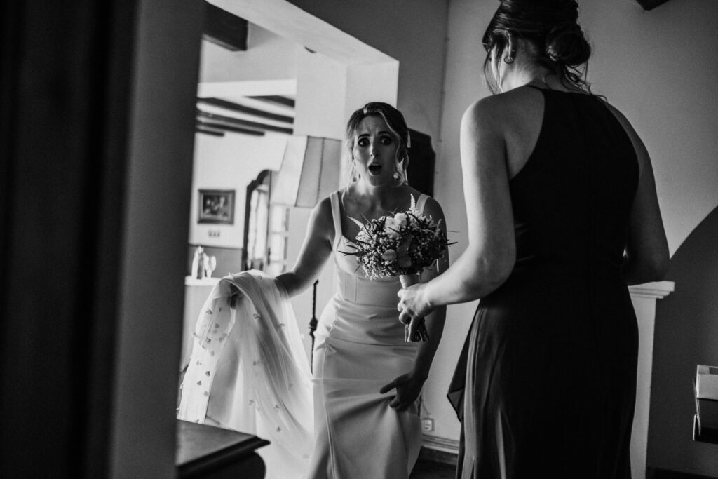 Bride ready inside La Baronia making her way towards outdoor ceremony