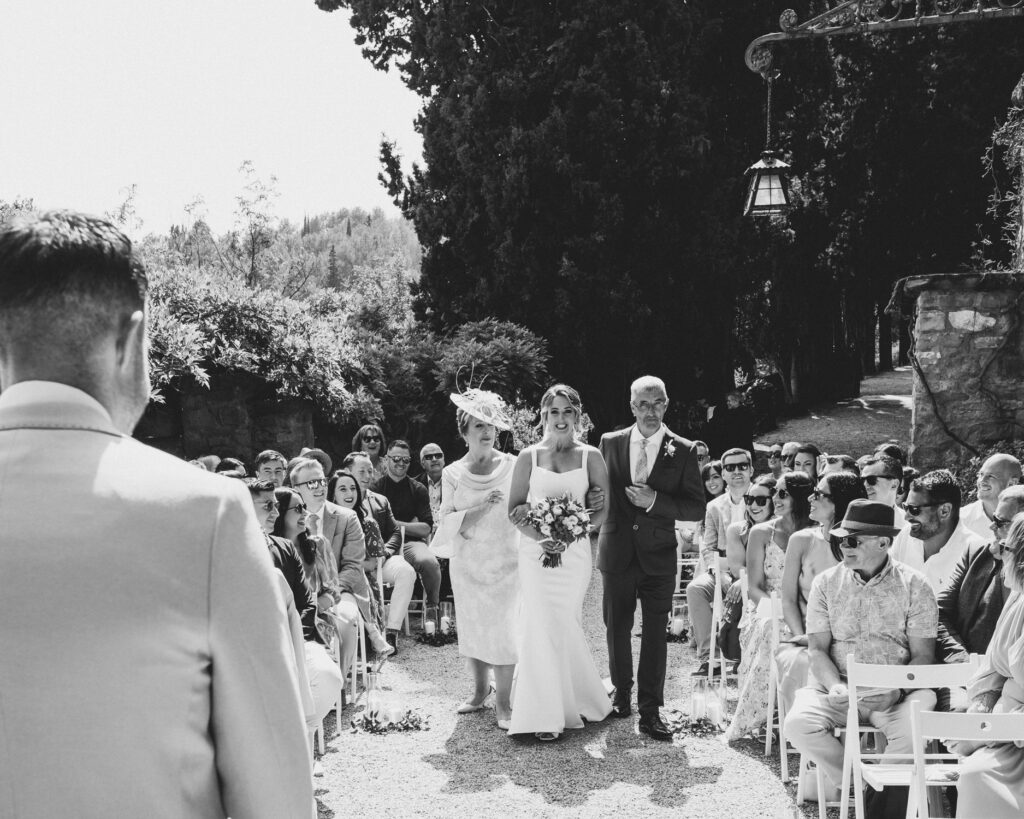 Bride entering the ceremony space at La Baronia