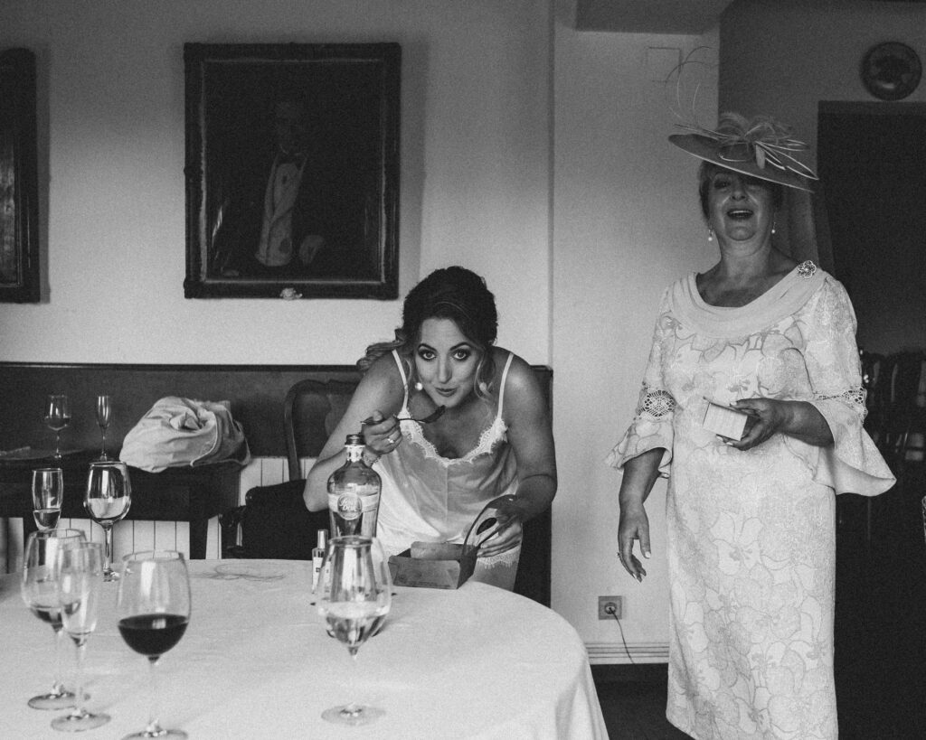 Bride having a snack to calm nerves at La Baronia