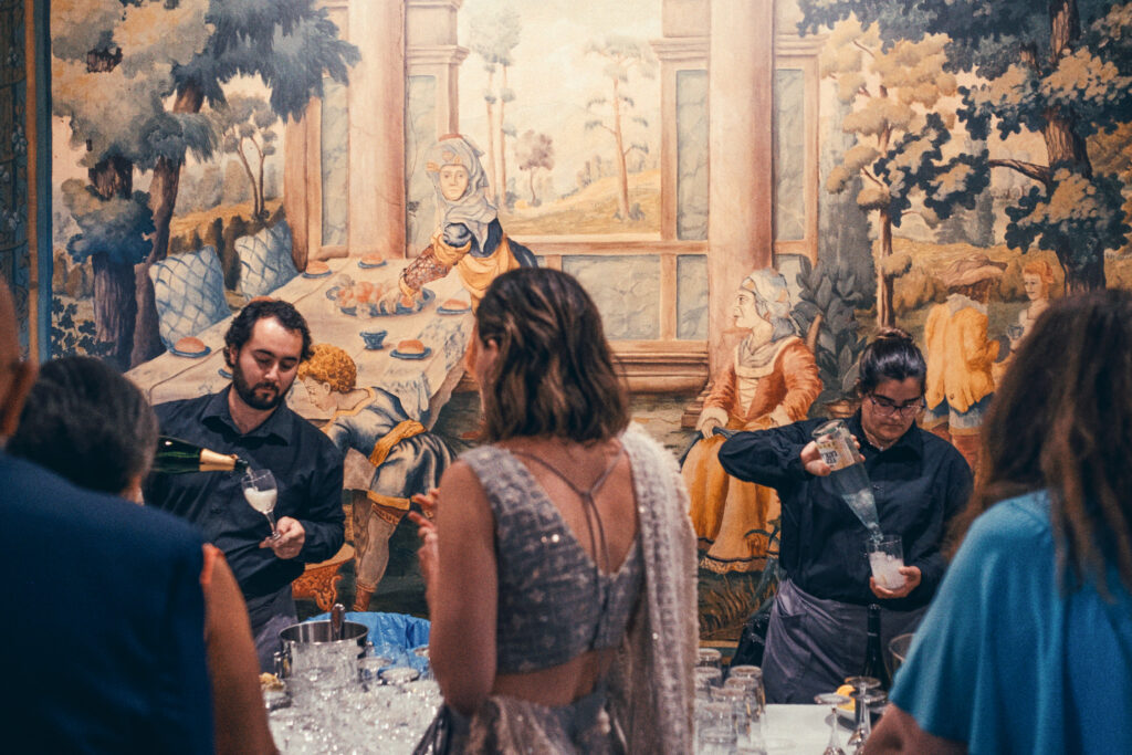 Guests inside the reception pavilion at Castell de Sant Marsal