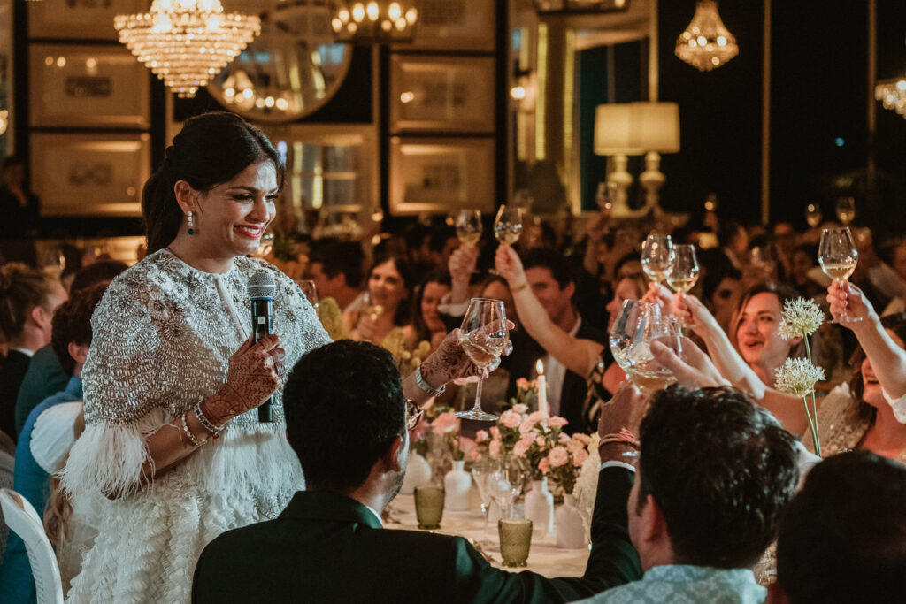 Bride giving speech during wedding reception Barcelona