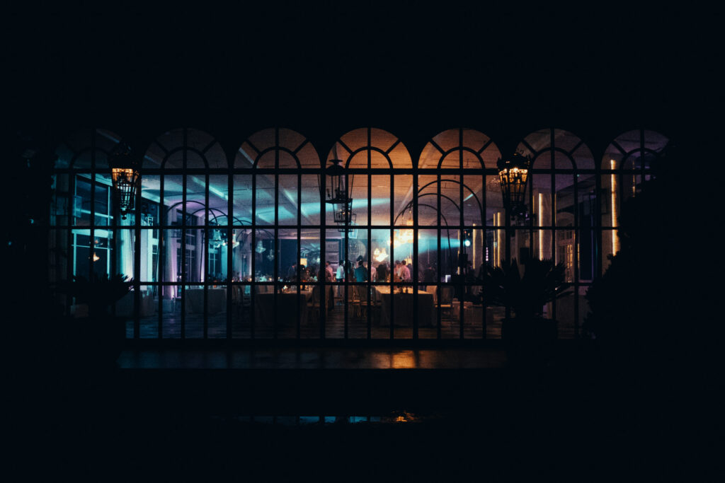 Night view of Castell de Sant Marsal reception pavilion