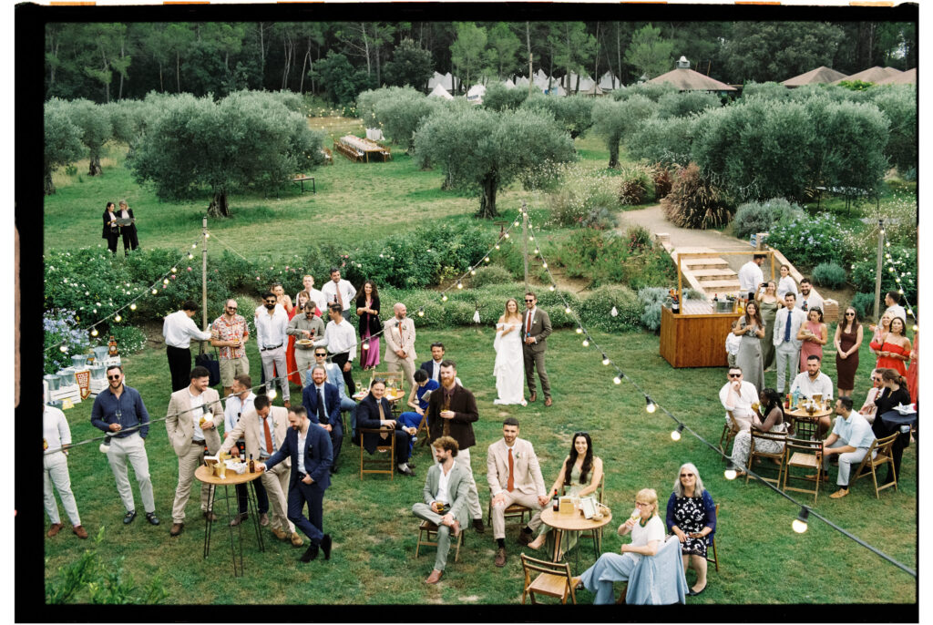 Drinks and conversation during a wedding reception in Catalonia
